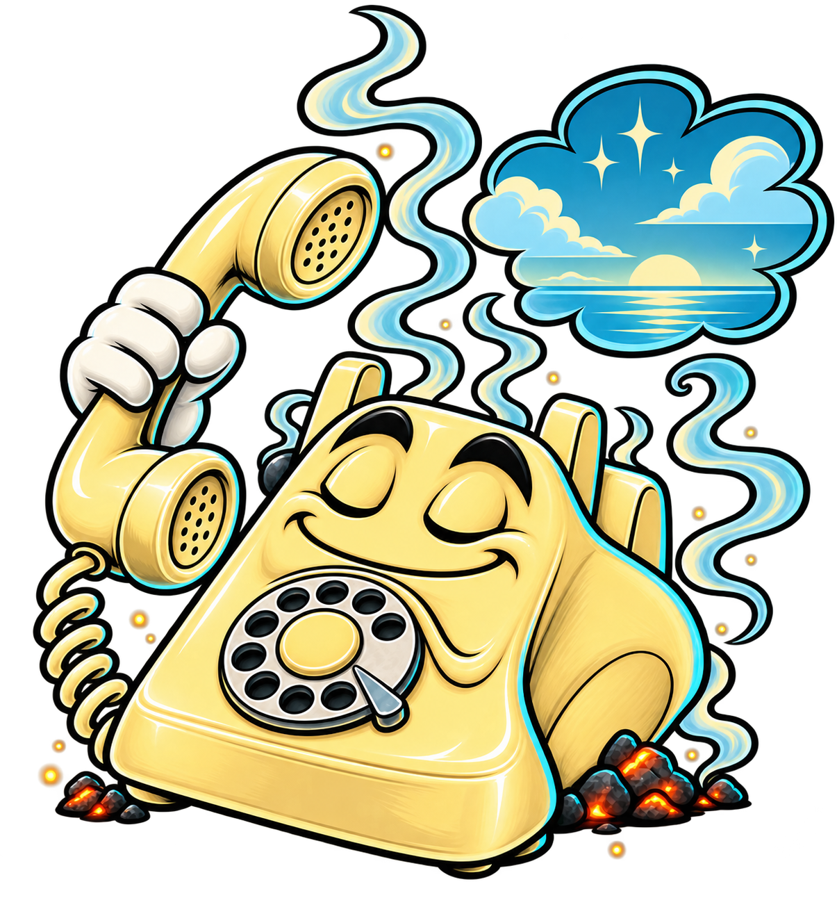 The same cartoon phone from the hero, now calm — its flames reduced to a few last wisps of smoke, resting quietly