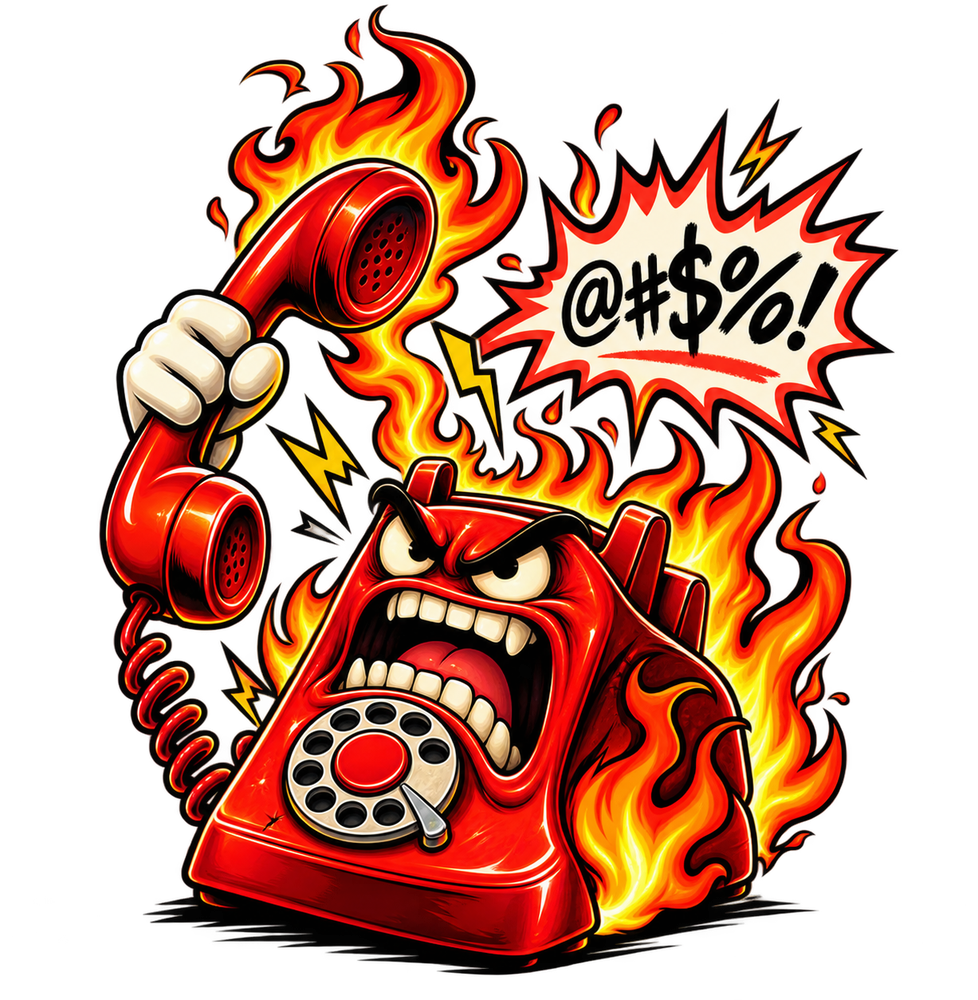 An angry cartoon rotary phone, engulfed in flames, shouting into its receiver